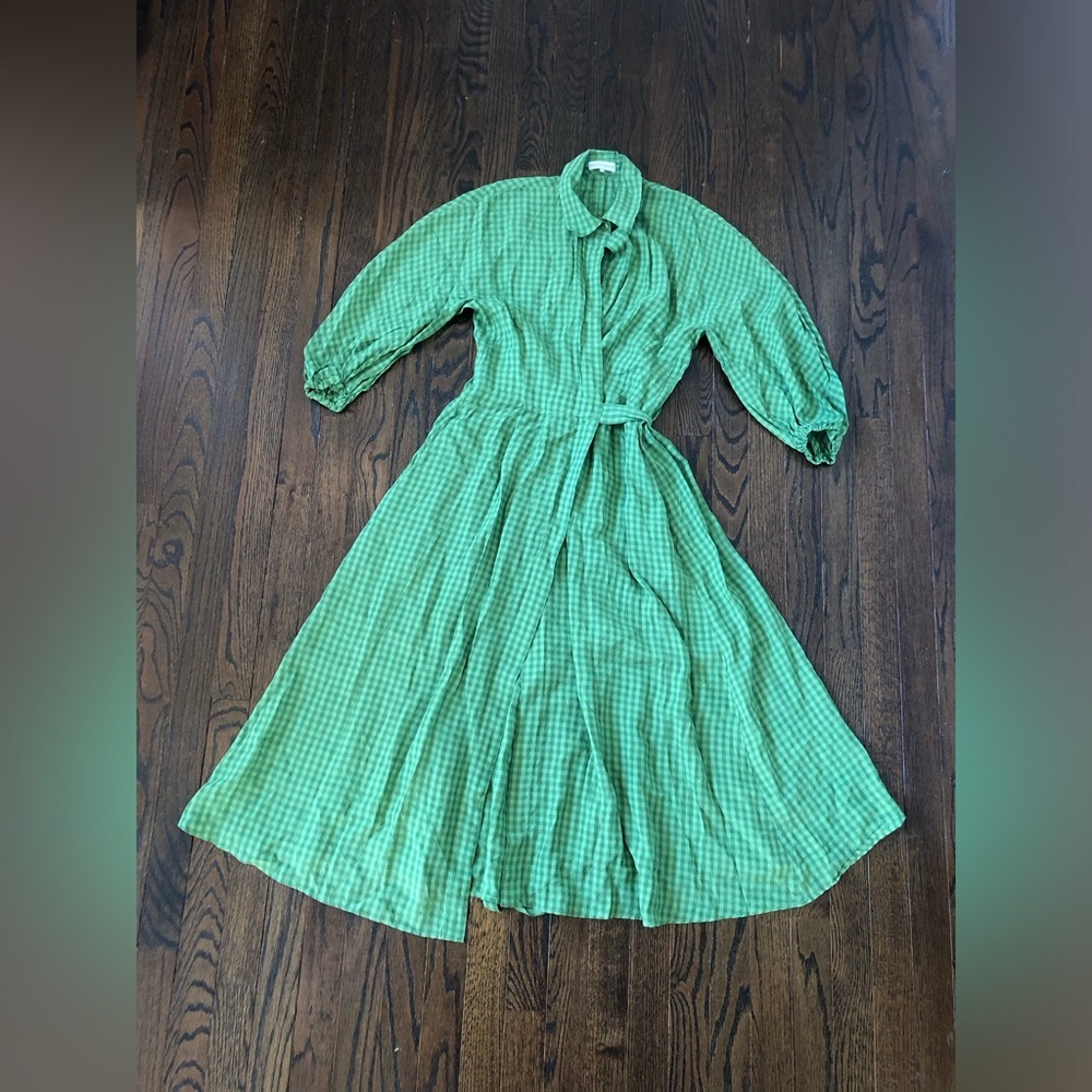 Scanlan Theodore Women’s M Green Gingham Wrap Midi Dress w/Collar and Belt - EUC - Picture 3 of 15